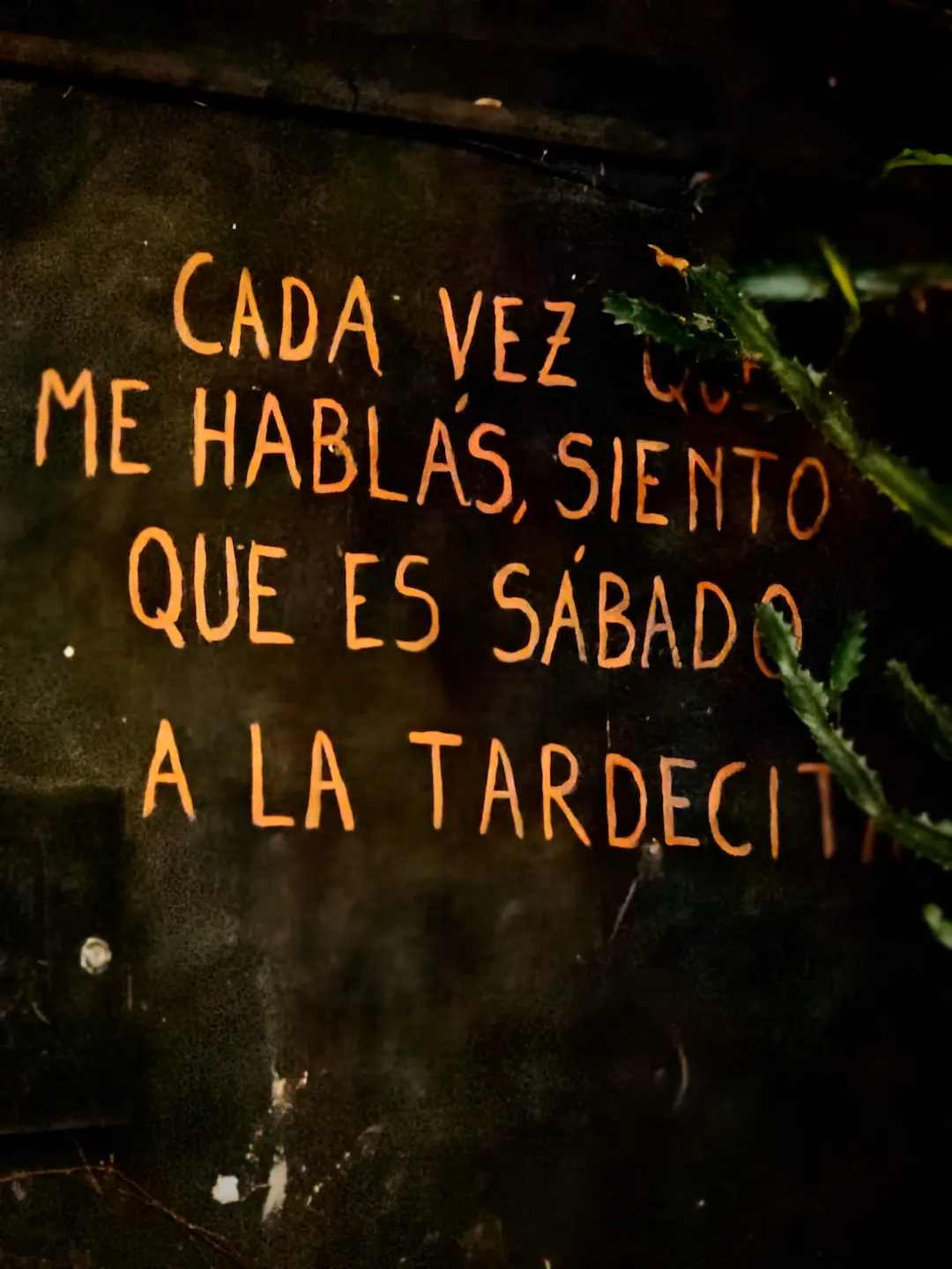Cartel luminoso sobre pared con frase 'Cada vez que me hablás, siento que es sábado a la tardecita'