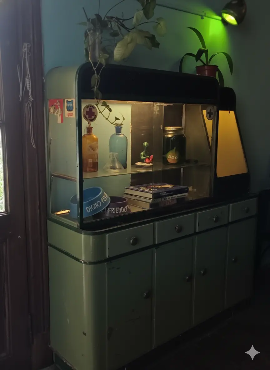 Mueble aparador vintage con plantas de interior y tragos
